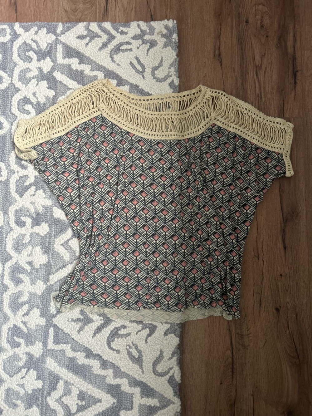 Free People Crochet Yoke Geometric Print Top size small